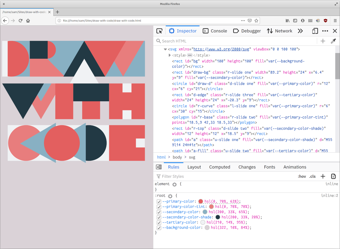 screenshot of the SVG being inspected in Firefox Dev Tools, revealing its source code