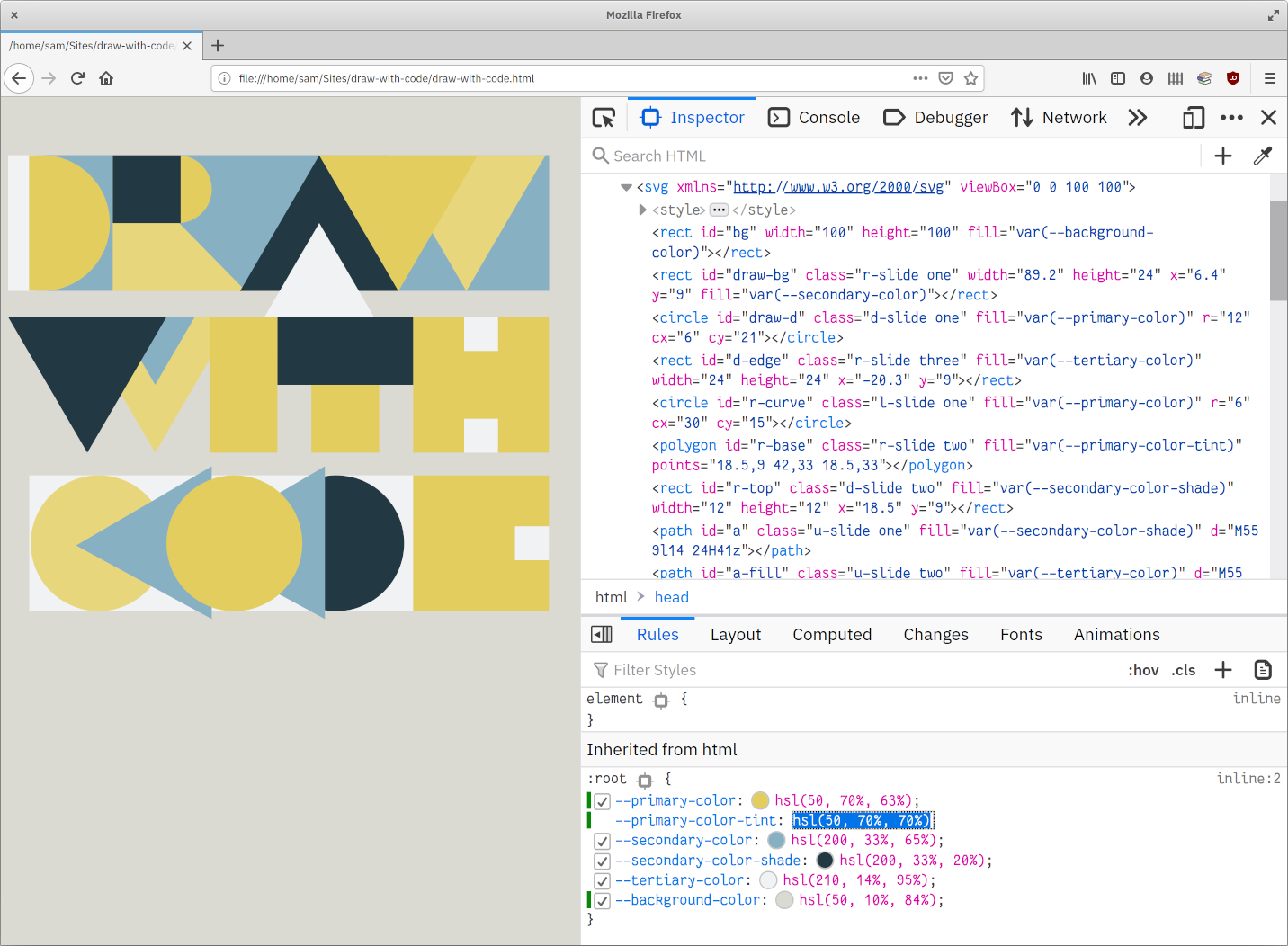 screenshot of the SVG in Firefox Dev Tools, with its red colors changed to yellow