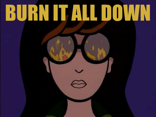 Le monde en flamme se reflétant dans les lunettes de Daria accompagné du texte:
BURN IT ALL DOWN (BRULEZ TOUT)